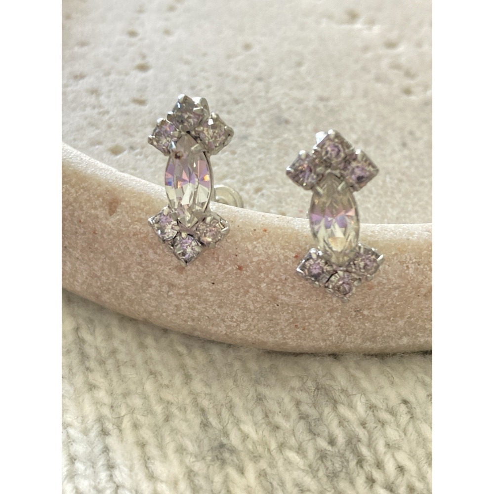 Vintage Rhinestone Stud Earrings Clear AB Crystal Silver Tone Retro Screw Back